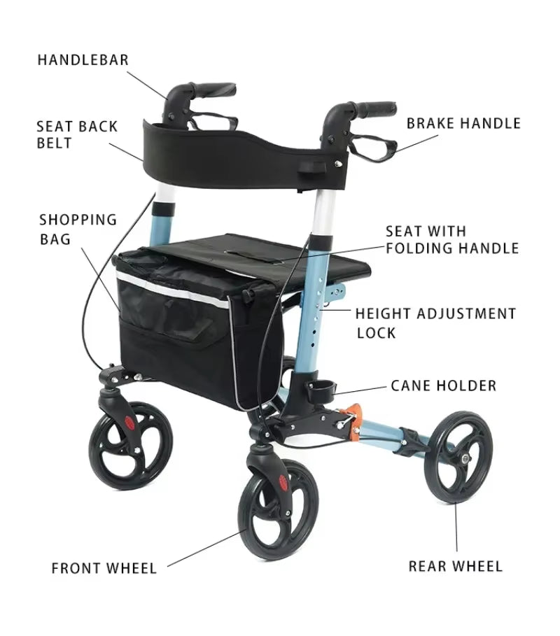 Aluminum Lightweight for Disable Adult Elderly Mobility Outdoor Walking Aids Folding Rollator Walker with Seat