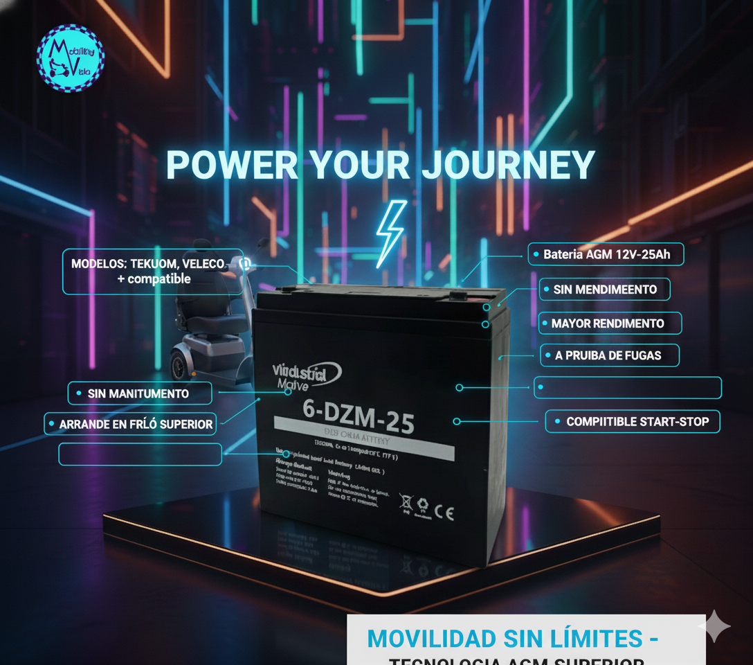 Batería AGM 12V x 25 Ah para Veleco, Tekuon, Libercart, assistant, invacare, dortomedical