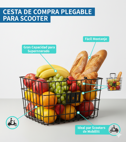 Cesta delantera desmontable de malla metálica, fácil de instalar y perfecta para scooters eléctricos. Ideal para llevar todo lo que necesitas.