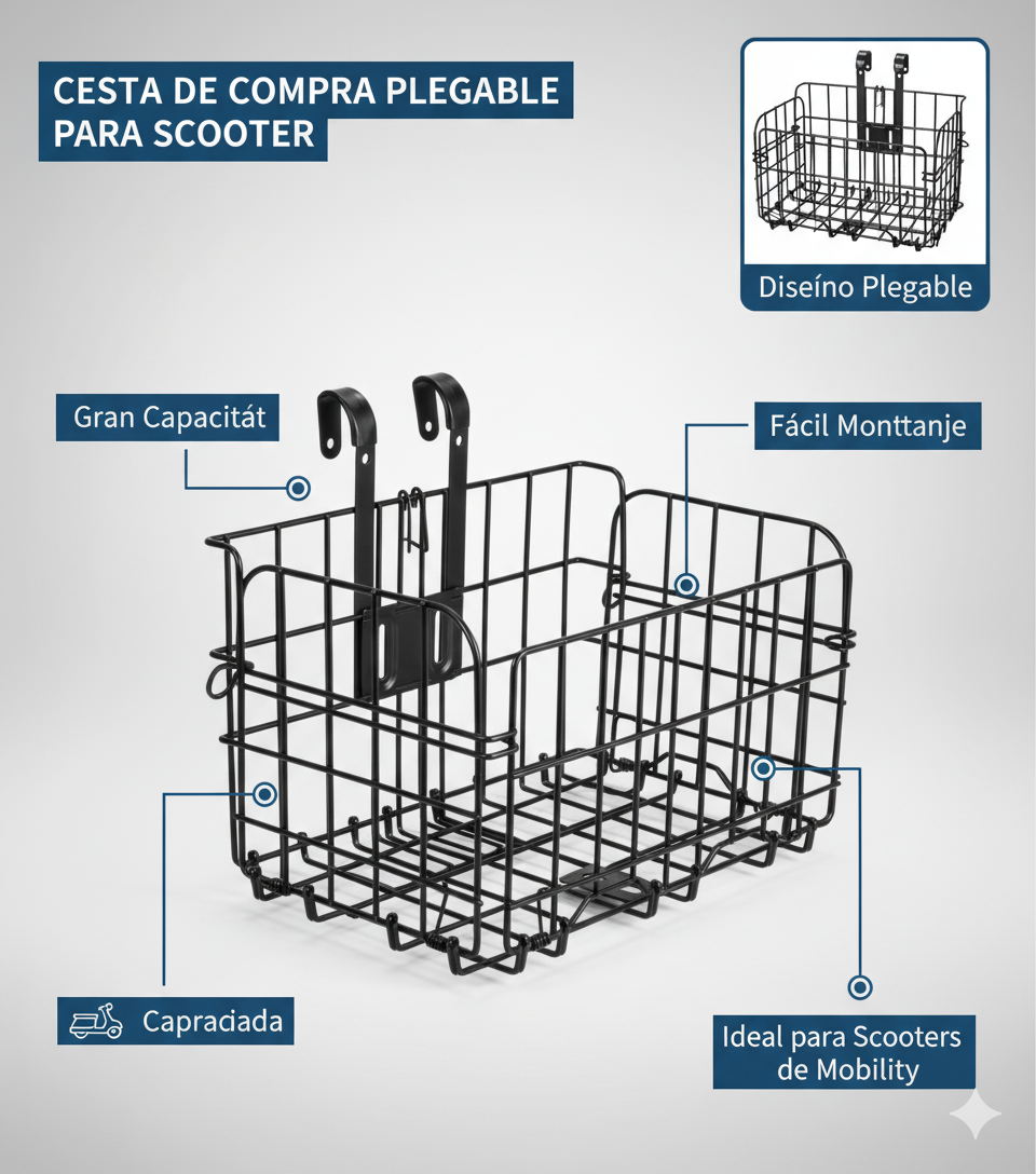Cesta delantera desmontable de malla metálica, fácil de instalar y perfecta para scooters eléctricos. Ideal para llevar todo lo que necesitas.