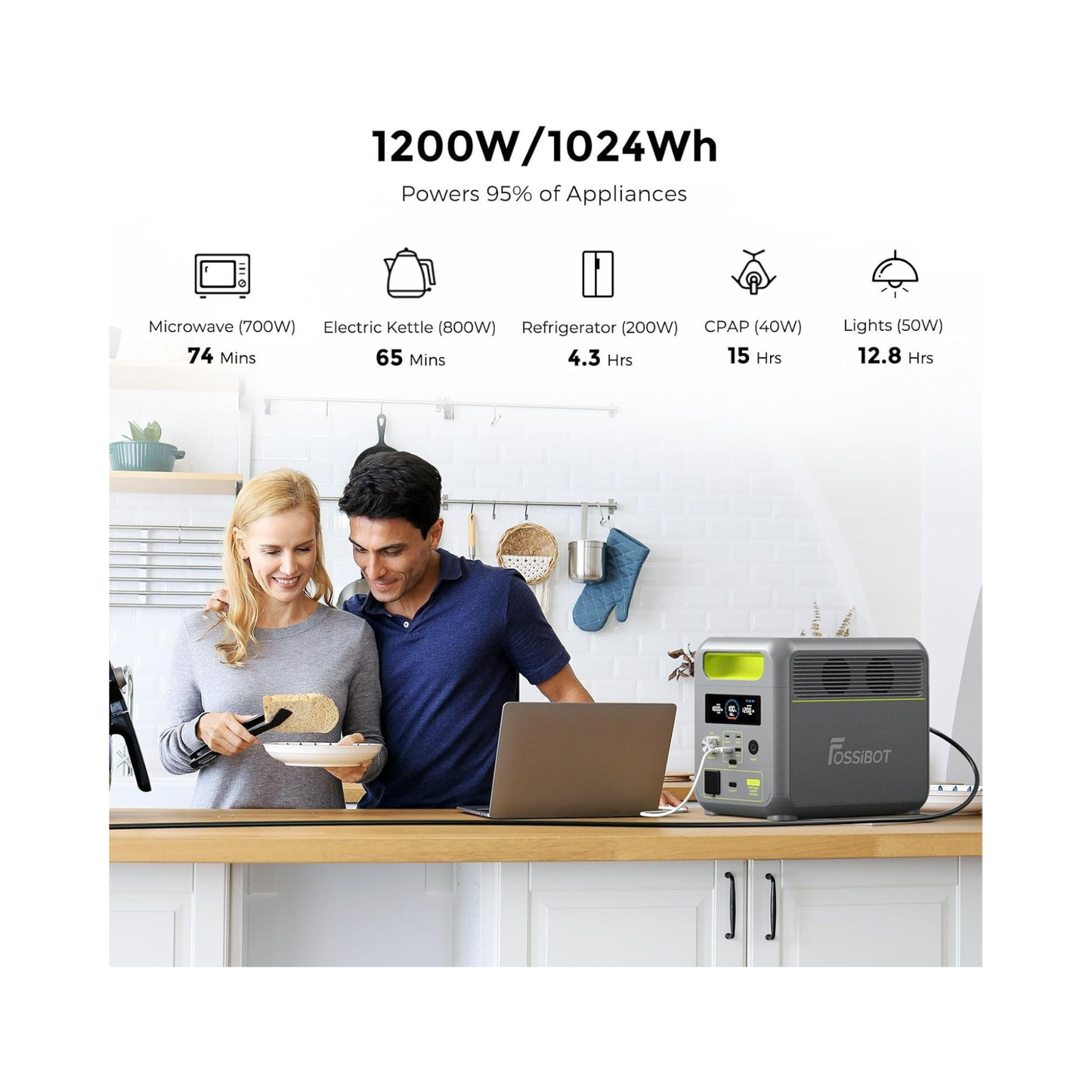 Estación de energía portátil F1200,1024Wh LiFePO4, con 2 Salidas AC de 1200W(Power Lifting 2400W), 100W Typ-C, Carga Rápida de 49min de 0-80%