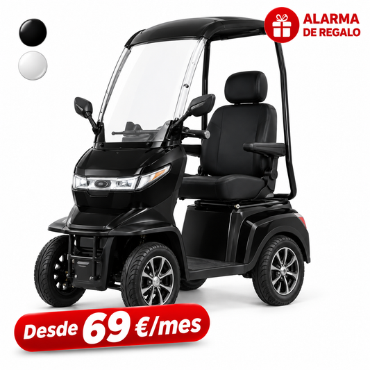 MB44 negro ampliado, scooter eléctrico de cuatro ruedas con techo; alarma de regalo y desde 69 €/mes
